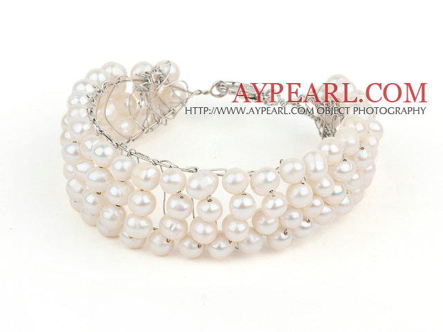 2013 Sommar Ny Design Vit Sötvatten Pearl Virkade Metal Bracelet Wire Cuff