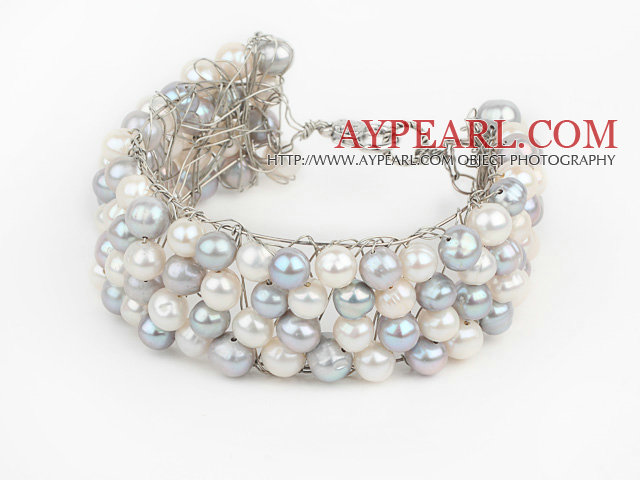 2013 Summer New Design White and Gray Freshwater Pearl Crocheted Metal Wire Cuff Bracelet