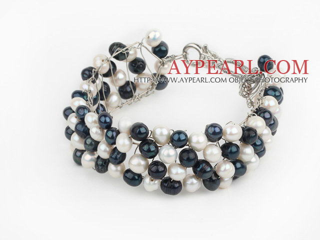 2013 Summer New Design White and Black Freshwater Pearl Crocheted Metal Wire Cuff Bracelet