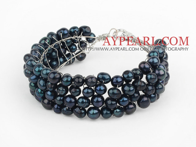 2013 Summer New Design Black Freshwater Pearl Crocheted Metal Wire Cuff Bracelet