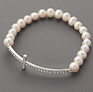 Wholesale 6-7mm White Freshwater Pearl and Sideway/Side Way White Rhinestone Cross Beaded Stretch Bracelet