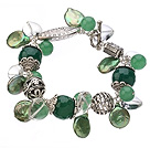 Vintage Style Herzform Klar Crystal Green Agate Knopf Perle und Aventurin Tibet Silber Zubehör- Armband mit Knebelverschluss