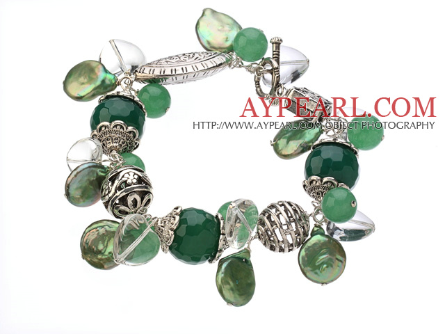 Vintage Style Heart Shape Clear Crystal Green Agate Button Pearl And Aventurine Tibet Silver Accessory Bracelet With Toggle Clasp