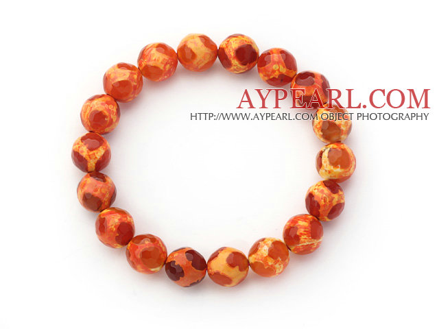 10mm Round Orange Red Pattern Brann Agate Stretch Beaded Bangle Bracelet