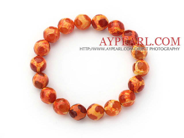 10mm Runda Orange Röd Mönster Fire Agate Stretch Beaded Bangle Armband