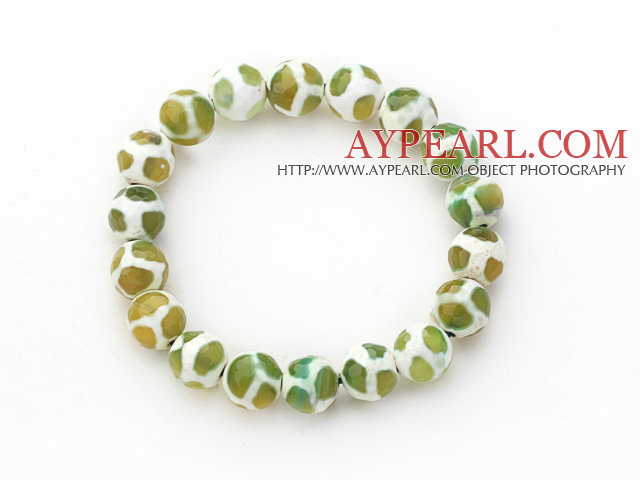 10mm Round White and Green Pattern Fire Agate Stretch Beaded Bangle Bracelet