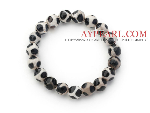 10mm Round White and Black Pattern Fire Agate Stretch Beaded Bangle Bracelet