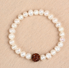 Wholesale Simple Stretchy Style 7-8mm Natural White Freshwater Pearl Red Rhinestone Bead Elastic Bracelet
