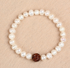 Simple Stretchy Style 7-8mm Natural White Freshwater Pearl Red Rhinestone Bead Elastic Bracelet