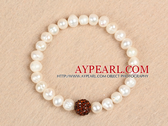 Simple Stretchy Style 7-8mm Natural White Freshwater Pearl Red Rhinestone Bead Elastic Bracelet
