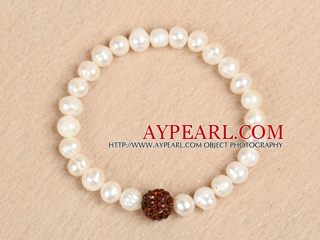 Enkelt stretchy stil 7-8mm Natural White Ferskvann Pearl Red Rhinestone Bead Elastisk armbånd