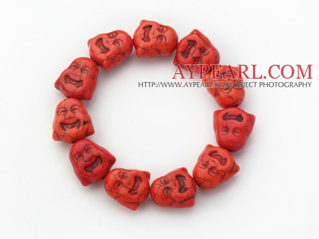 5 Pieces Dyed Brick Red Color Turquoise Maitreya Buddha Head Stretch Bangle Bracelets