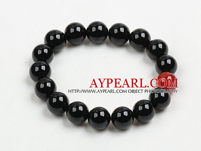 Fashion 10Mm Black And Red Agate Beaded Elastic Bracelet
