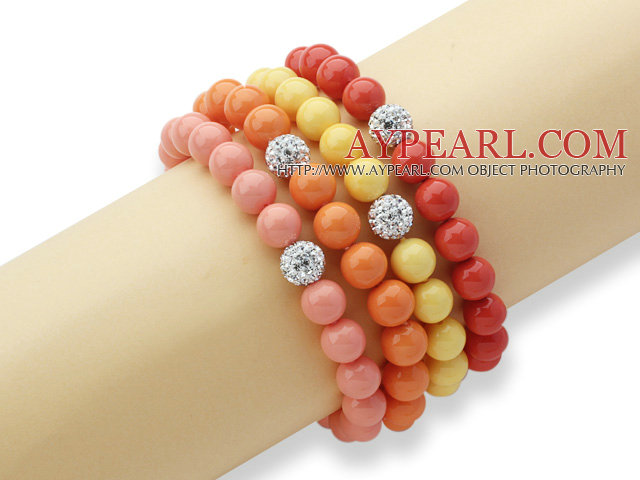 4 Pieces Colorful Round Seashell Beaded Stretch Bangle Bracelet with White Rhinestone Ball ( Random Color )