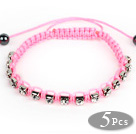 5 Pieces Pink Thread and White Square Shape Rhinestone and Hematite Woven Adjustable Drawstring Bracelets