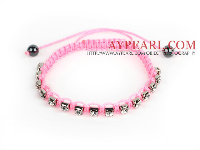 5 Pieces Pink Thread and White Square Shape Rhinestone and Hematite Woven Adjustable Drawstring Bracelets