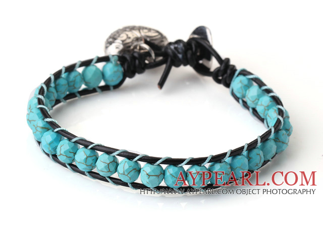 Popular Single Strand Faceted Blue Turquoise and Black Leather Bracelet with Hear Charm