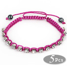 5 Pieces Purple Red Thread and White Square Shape Rhinestone and Hematite Woven Adjustable Drawstring Bracelets