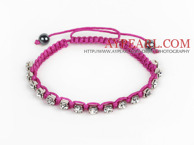 5 Pieces Purple Red Thread and White Square Shape Rhinestone and Hematite Woven Adjustable Drawstring Bracelets