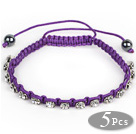 5 Pieces Purple Thread and White Square Shape Rhinestone and Hematite Woven Adjustable Drawstring Bracelets