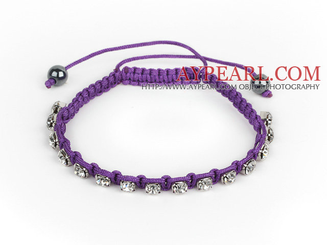 5 Pieces Purple Thread and White Square Shape Rhinestone and Hematite Woven Adjustable Drawstring Bracelets