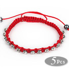 Wholesale 5 Pieces Red Thread and White Square Shape Rhinestone and Hematite Woven Adjustable Drawstring Bracelets