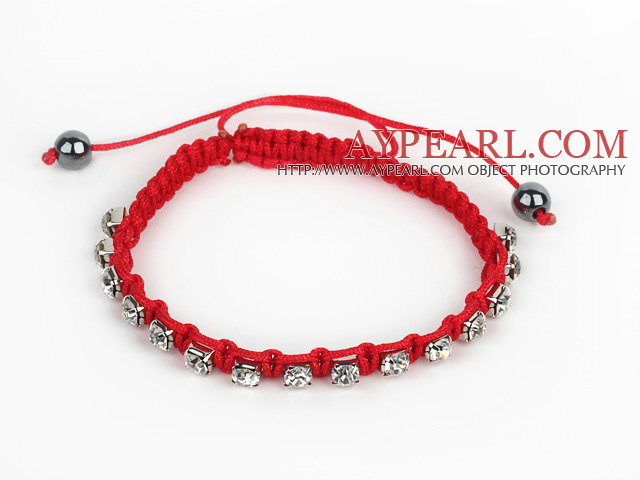 5 Pieces Red Thread and White Square Shape Rhinestone and Hematite Woven Adjustable Drawstring Bracelets
