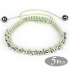 5 Pieces Light Green Thread and White Square Shape Rhinestone and Hematite Woven Adjustable Drawstring Bracelets