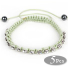 Wholesale 5 Pieces Light Green Thread and White Square Shape Rhinestone and Hematite Woven Adjustable Drawstring Bracelets