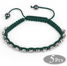 5 Pieces Dark Green Thread and White Square Shape Rhinestone and Hematite Woven Adjustable Drawstring Bracelets