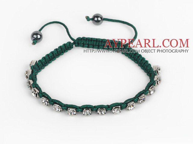 5 Pieces Dark Green Thread and White Square Shape Rhinestone and Hematite Woven Adjustable Drawstring Bracelets