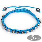 Wholesale 5 Pieces Blue Thread and White Square Shape Rhinestone and Hematite Woven Adjustable Drawstring Bracelets