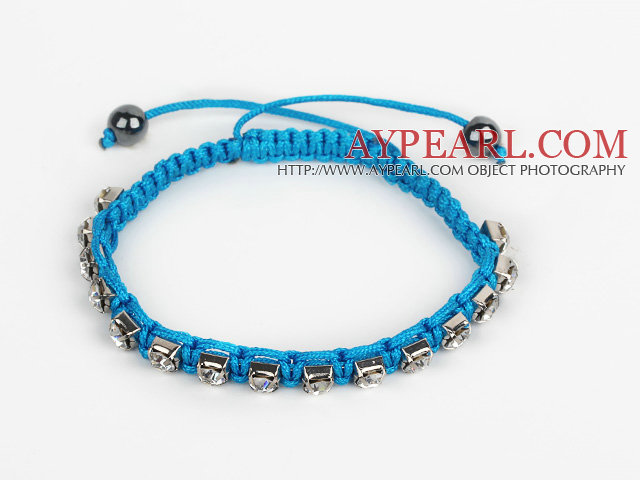 5 Pieces Blue Thread and White Square Shape Rhinestone and Hematite Woven Adjustable Drawstring Bracelets