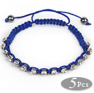 Wholesale 5 Pieces Dark Blue Thread and White Square Shape Rhinestone and Hematite Woven Adjustable Drawstring Bracelets