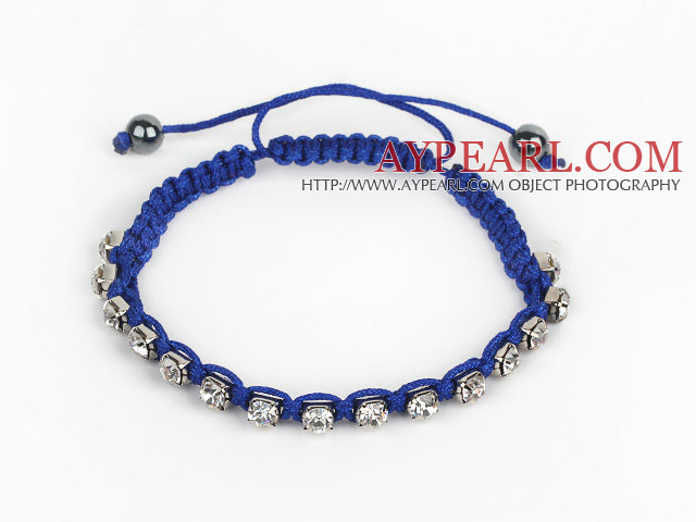 5 Pieces Dark Blue Thread and White Square Shape Rhinestone and Hematite Woven Adjustable Drawstring Bracelets