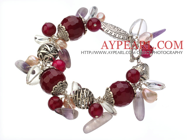 Vintage Style Red Agate Oregelbunden Form Pearl Crystal och Tibet Silver Tillbehör armband med togglelås