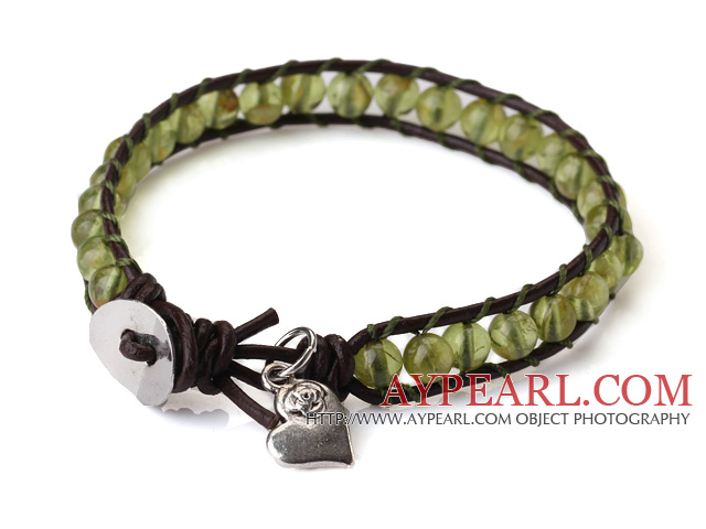 Popular Single Strand Natural Round Peridot Beads and Brown Leather Bracelet with Hear Charm