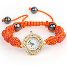 Discount Fashion Style Orange Red Rhinestone Ball Adjustable Drawstring Bracelet with Golden Color Watch