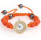 Fashion Style Orange Red Rhinestone Ball Adjustable Drawstring Bracelet with Golden Color Watch