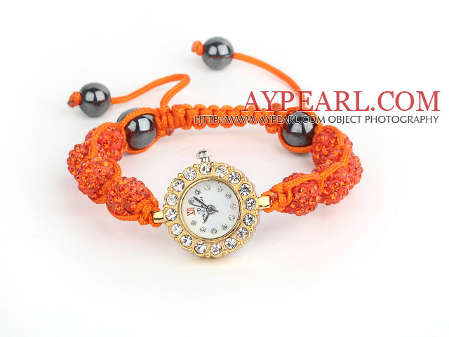 Fashion Style Orange Red Rhinestone Ball Adjustable Drawstring Bracelet with Golden Color Watch