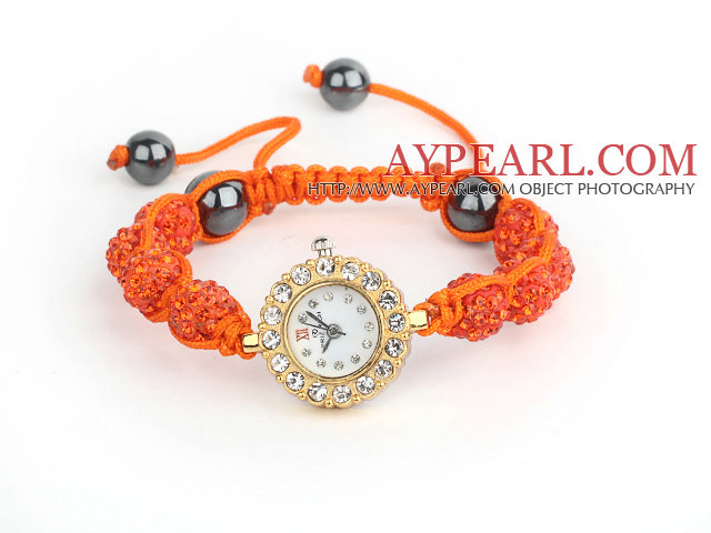 Orange Rouge boule de Rhinestone Bracelet cordon réglable de style de mode avec la couleur d'or Montre