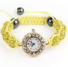 Fashion Style Lemon Yellow Rhinestone Ball Adjustable Drawstring Bracelet with Golden Color Watch