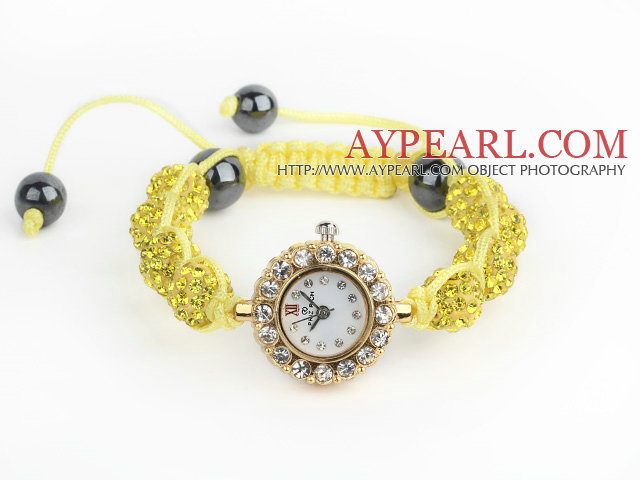 Мода Стиль лимонный желтый Rhinestone мяч Регулируемый браслет шнурок с золотыми часами Цвет