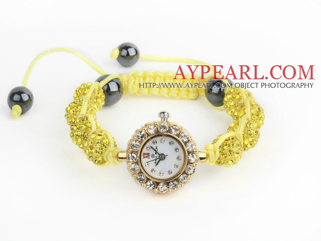 Fashion Style Lemon Yellow τεχνητό διαμάντι Ball Ρυθμιζόμενη Βραχιόλι Κορδόνι με χρυσό ρολόι Color