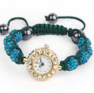 Fashion Style Peacock Blue Rhinestone Ball Adjustable Drawstring Bracelet with Golden Color Watch