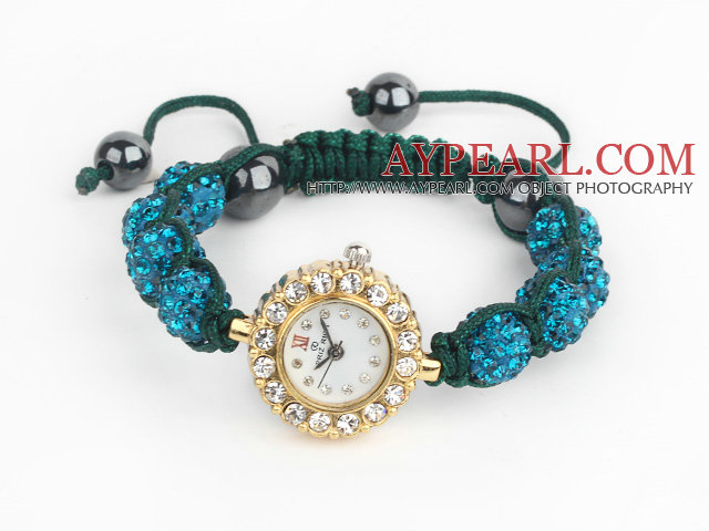 Fashion Style Peacock Blue Rhinestone Ball Adjustable Drawstring Bracelet with Golden Color Watch