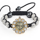 Discount Fashion Style White Rhinestone Ball Adjustable Drawstring Bracelet with Golden Color Flower Shape Watch
