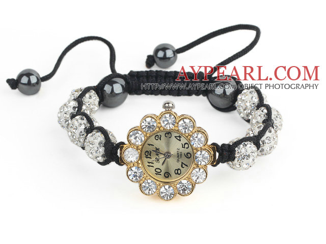 Mote Stil Hvit Rhinestone Ball justerbar snor armbånd med gylden farge Flower Shape Watch