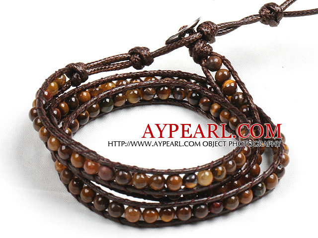 Fashion Style Tiger Eye Stone Beads Three Times Wrap Bangle Bracelet