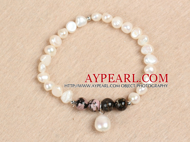 Simple Stretchy Style Natural White Freshwater Pearl Charm Elastic Bracelet